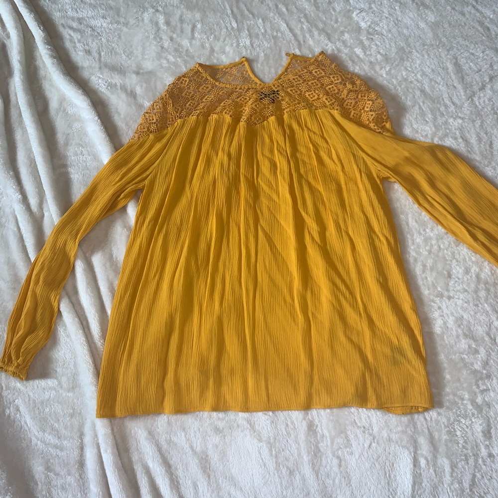 Mustard yellow lace top tie sleeve blouse